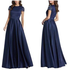 Mac Duggal hand beaded cup sleeve satin crepe gown,SZ 6 , navy